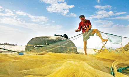 Lão ngư Võ Quyết kiểm tra tay lưới chuẩn bị một ngày “hái lộc biển” mới. Ảnh H.T.