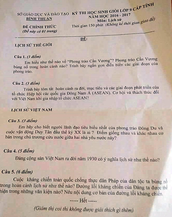 
Đề thi m&ocirc;n lịch sử đ&atilde; g&acirc;y sốc cho học sinh v&agrave; phụ huynh
