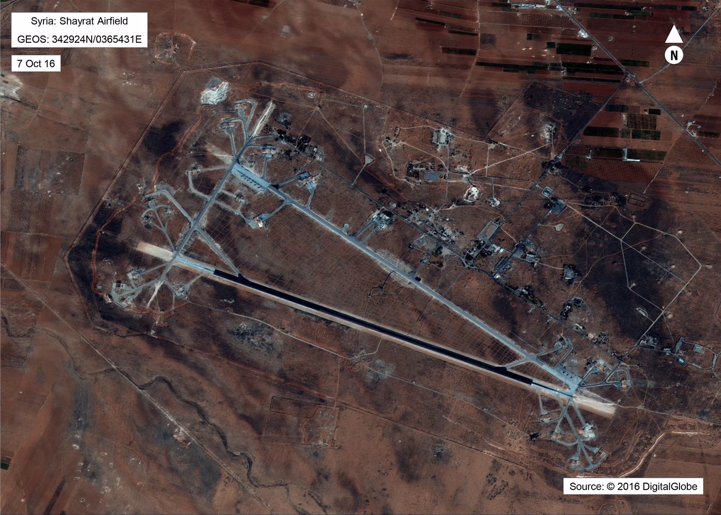 Shayrat, căn cứ không quân Syria bị Mỹ phóng tên lửa hôm 6-4. Ảnh: Bộ Quốc phòng Mỹ