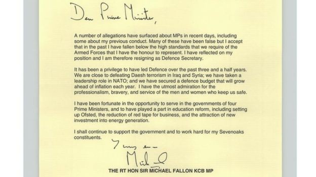 Đơn từ chức của ông Michael Fallon. Ảnh: BBC