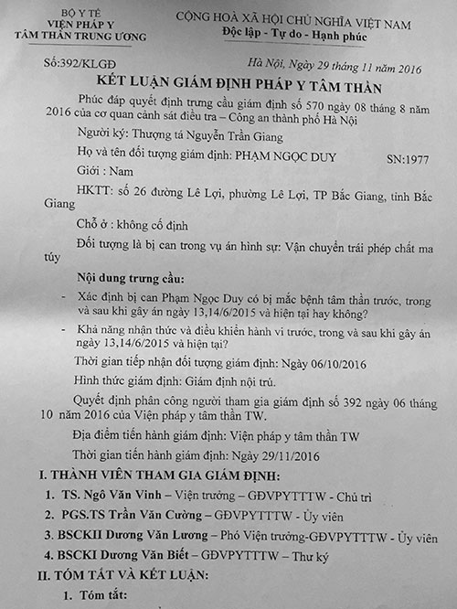 Kết luận giám định pháp y tâm thần xác định Phạm Ngọc Duy không có bệnh tâm thần.