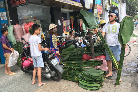 Người dân đi chợ chọn lá dong. Ảnh: Trần Chánh Nghĩa