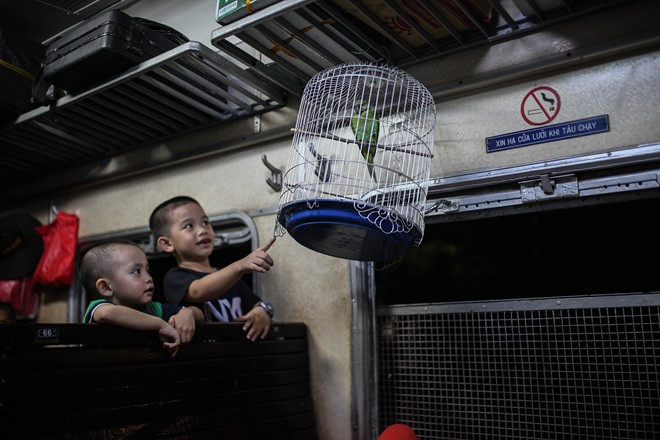 Một vị khách mang theo cái lồng chim, bên trong có con vẹt đã làm rộn ràng cả một toa tàu. Người lớn có vẻ khó chịu nhưng trẻ em lại thấy thú vị, lạ lẫm