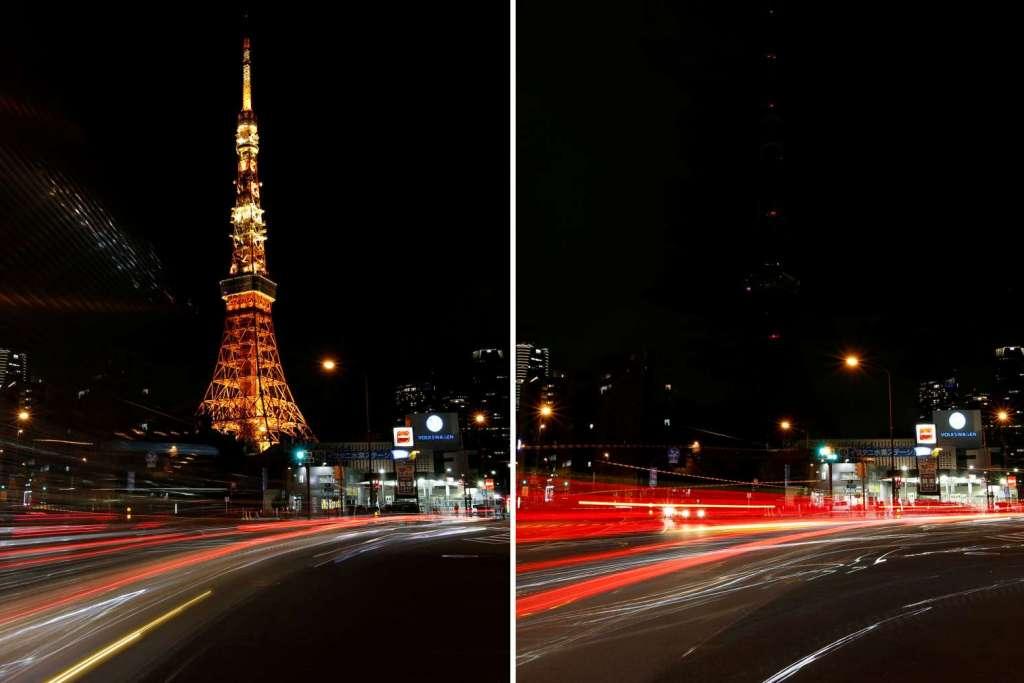 
C&ocirc;ng tr&igrave;nh biểu tượng của thủ đ&ocirc; Tokyo - Nhật Bản l&agrave; th&aacute;p Tokyo cũng tắt đ&egrave;n trong buổi tối 25-3. Ảnh trước v&agrave; sau khi tắt đ&egrave;n. Ảnh: REUTERS
