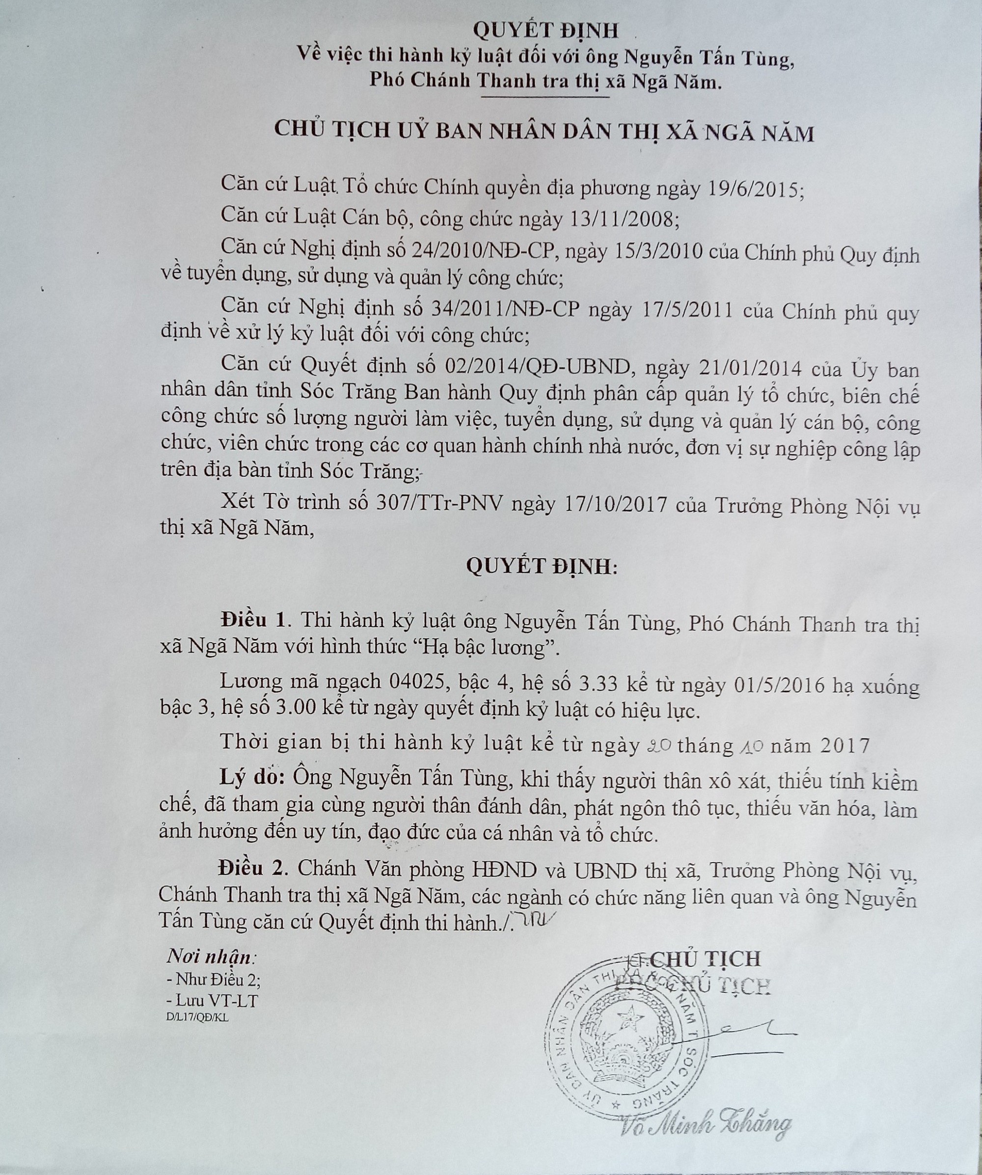 Hạ bậc lương phó chánh thanh tra phát ngôn thô tục