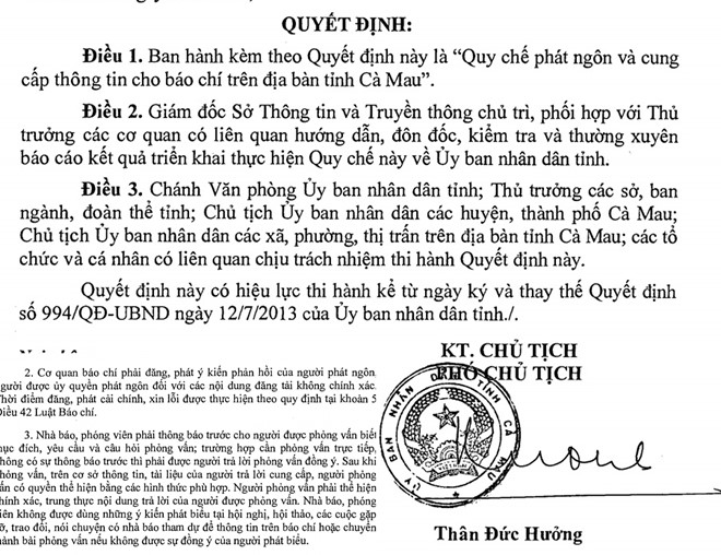 Cà Mau thu hồi quy chế trái Luật Báo chí