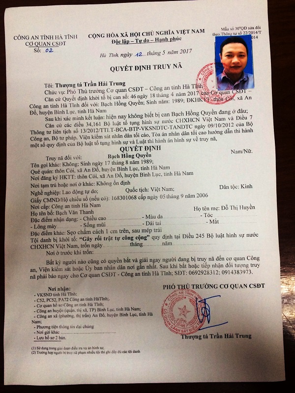 Truy nã toàn quốc kẻ cầm đầu vụ “bao vây” trụ sở huyện Lộc Hà - Ảnh 1.