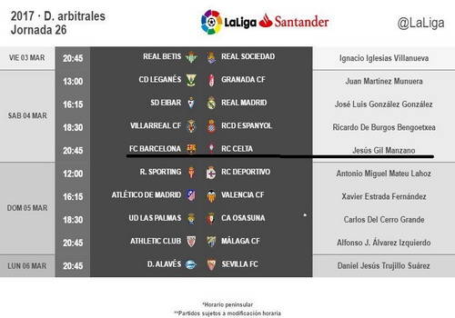 Jesus Gil được ph&acirc;n c&ocirc;ng bắt trận Barcelona - Celta Vigo v&ograve;ng 26