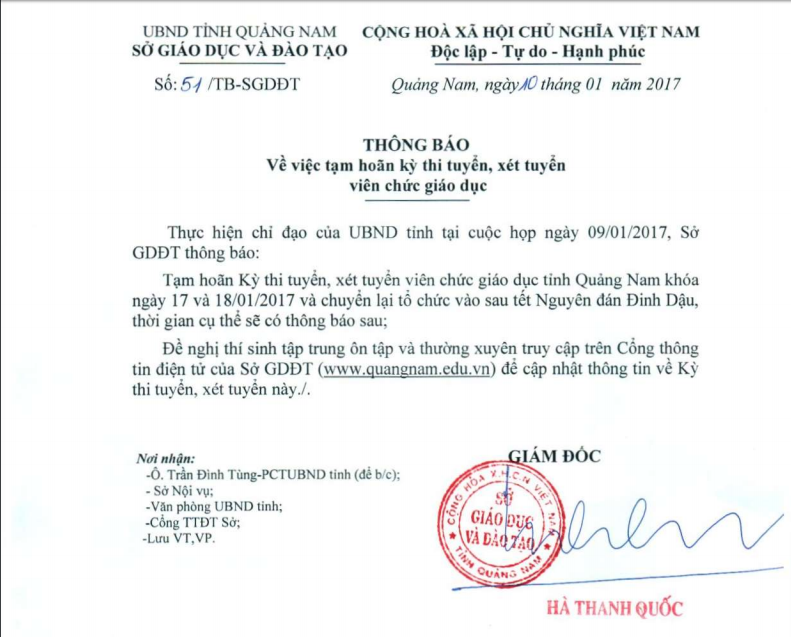 
Văn bản th&ocirc;ng b&aacute;o của Sở GD-ĐT tỉnh Quảng Nam
