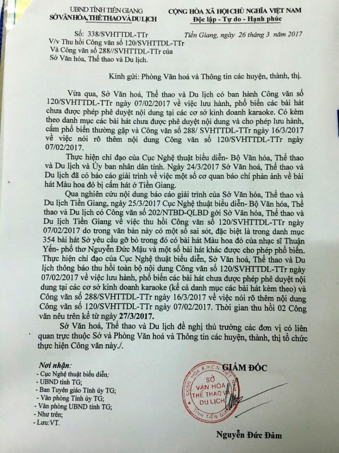 Gấp rút thu hồi công văn cấm ca khúc “Màu hoa đỏ”