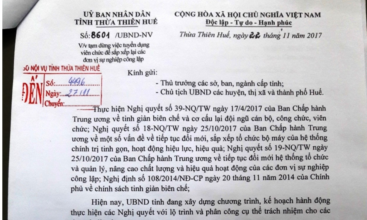 Huế tạm dừng tuyển dụng viên chức đơn vị sự nghiệp công lập