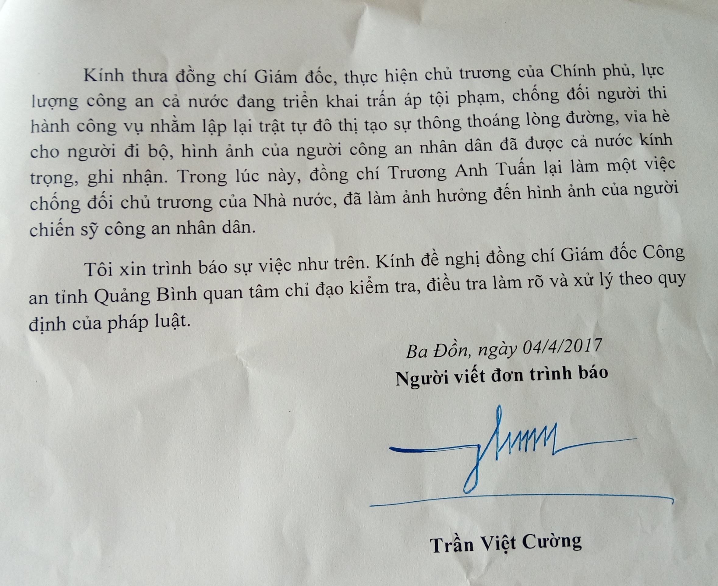 Đơn trình báo gửi giám đốc Công an Quảng Bình