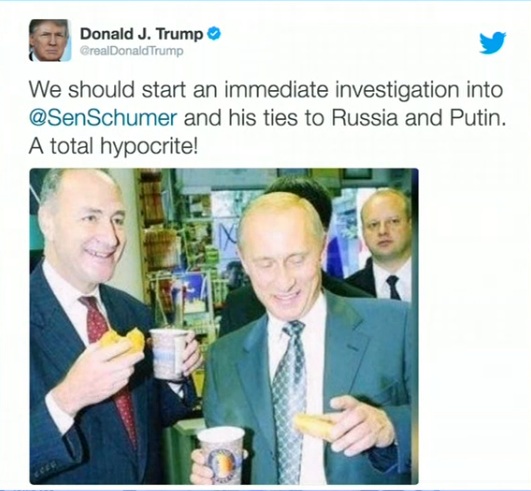 
Tấm ảnh v&agrave; d&ograve;ng trạng th&aacute;i tố c&aacute;o Thượng nghị sĩ Charles Schumer tr&ecirc;n Twitter của &ocirc;ng Trump. Ảnh: Twitter
