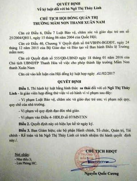 Quyết định sa thải giáo viên đánh trẻ mầm non