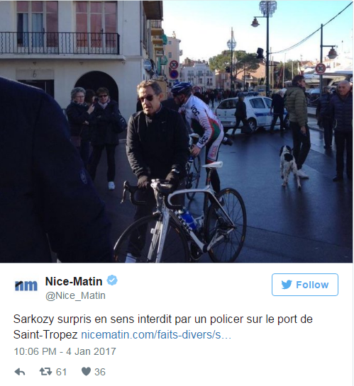 Thông tin ông Nicolas Sarkozy bị cảnh sát chặn vì phạm luật giao thông được tờ Nice-Matin đăng tải. Ảnh: Road.cc