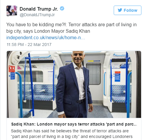 Con trai ông Trump chỉ trích Thị trưởng London Sadiq Khan sau vụ tấn công. Ảnh: Twtitter