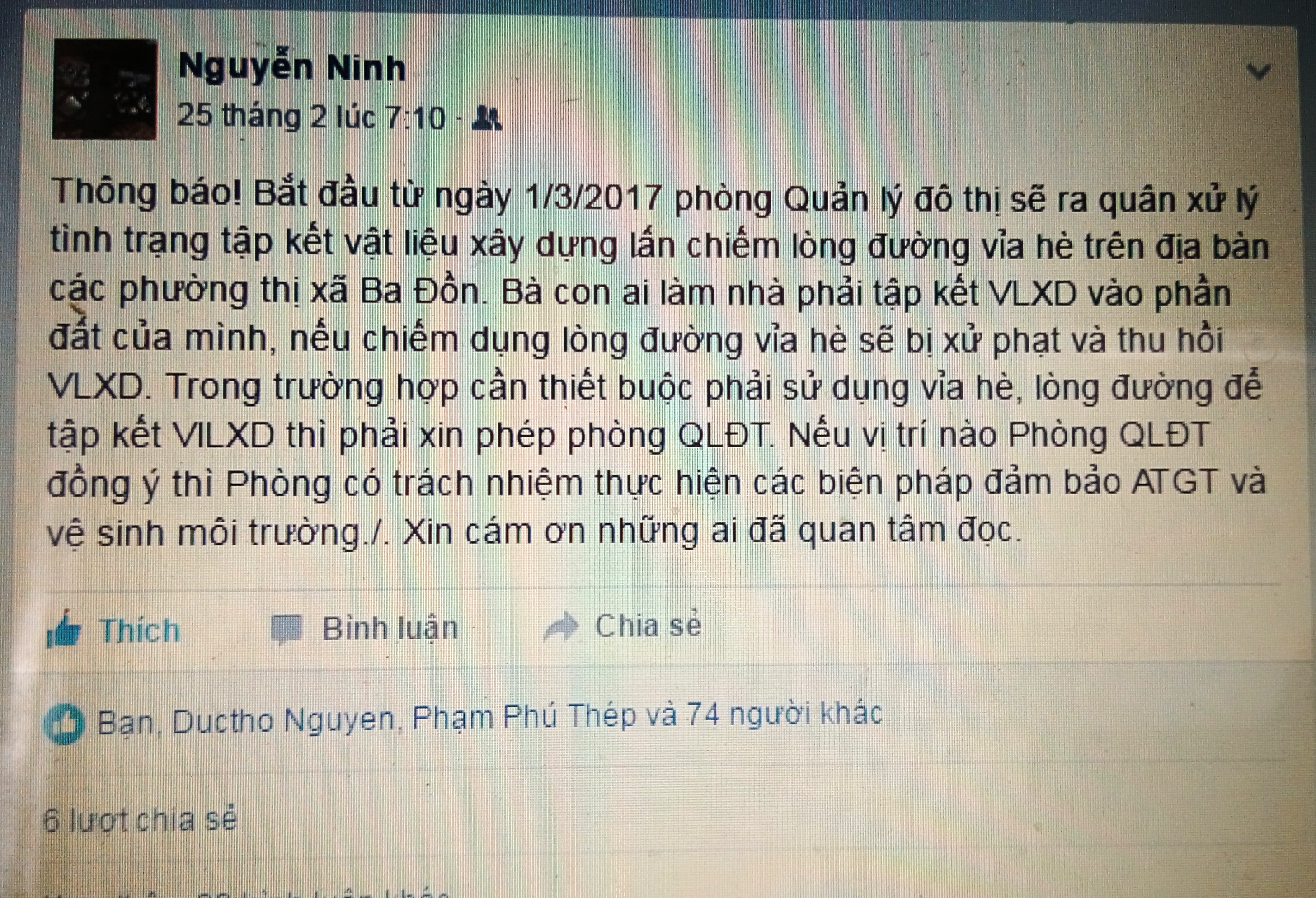 &Ocirc;ng Nguy&ecirc;̃n Văn Ninh đăng đàn Facebook đ&ecirc;̉ bà con &ldquo;tự xử&rdquo; vỉa hè r&acirc;́t được người d&acirc;n đ&ocirc;̀ng tình ủng h&ocirc;̣