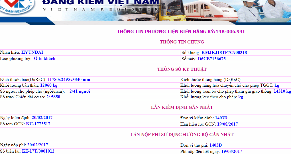 Dữ liệu th&ocirc;ng tin về chiếc xe kh&aacute;ch bị nổ tại Bắc Ninh, được đăng tải tr&ecirc;n website của Cục Đăng kiểm Việt Nam