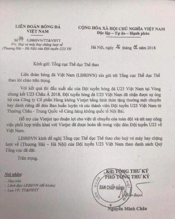 V&igrave; sao VFF đề nghị hủy chuyến bay ở ph&uacute;t ch&oacute;t của U23 Việt Nam? - Ảnh 1.