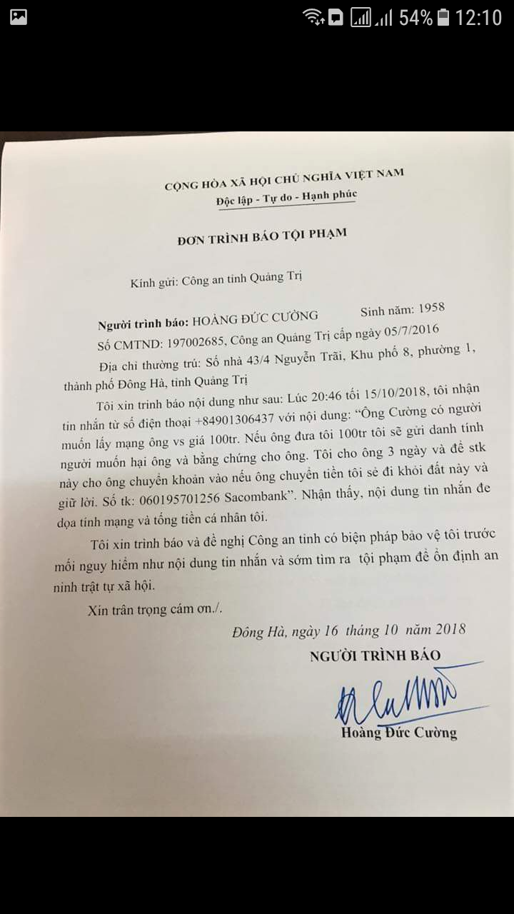 Chánh Văn phòng Đoàn ĐBQH tỉnh Quảng Trị bị nhắn tin đe dọa, tống tiền