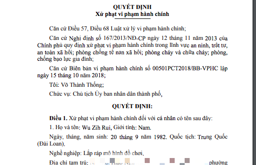Tạm trú quá hạn, 1 người Trung Quốc bị phạt 39 triệu đồng