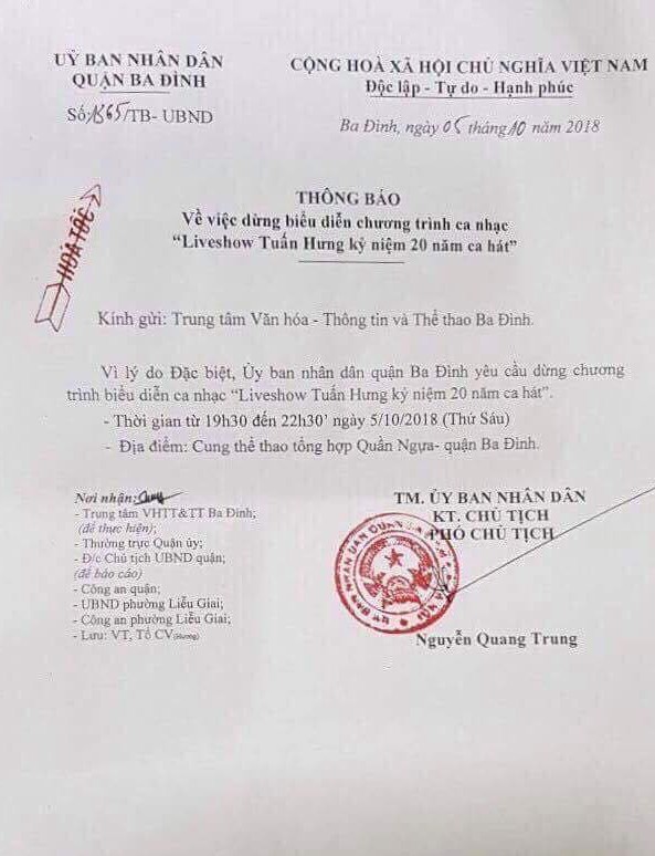 UBND quận Ba Đ&igrave;nh cho biết l&yacute; do cấp b&aacute;ch dừng liveshow của Tuấn Hưng - Ảnh 2.