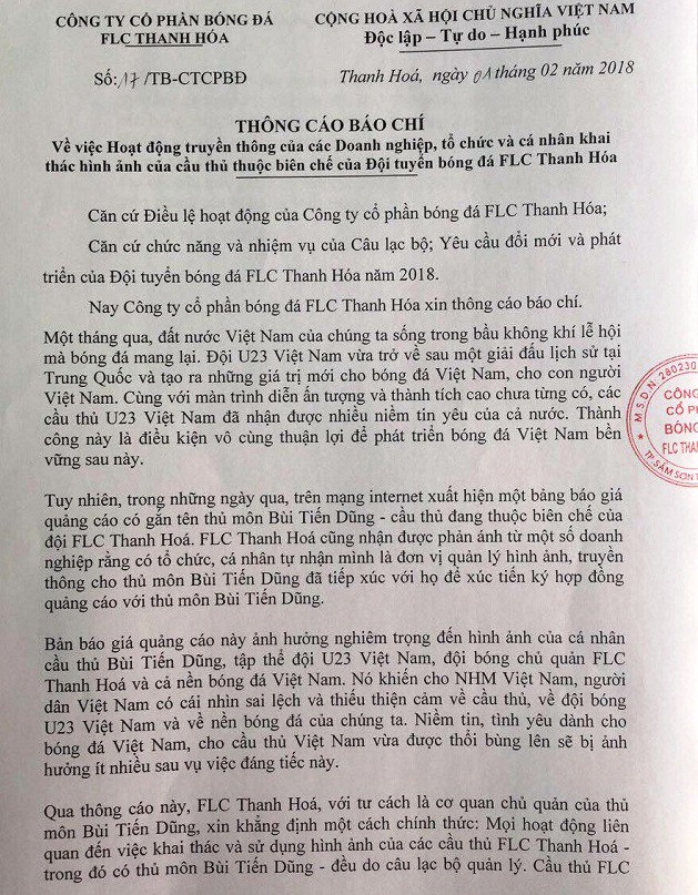 Khai thác hình ảnh thủ môn Bùi Tiến Dũng phải được FLC Thanh Hóa đồng ý - Ảnh 3.