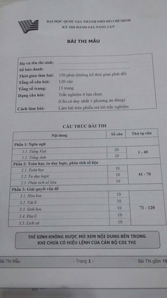 ĐHQG TP HCM công bố đề thi mẫu kỳ thi đánh giá năng lực
