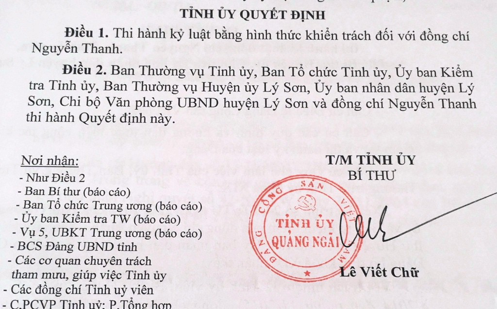 Quảng Ng&atilde;i: Kỷ luật chủ tịch UBND huyện L&yacute; Sơn - Ảnh 2.