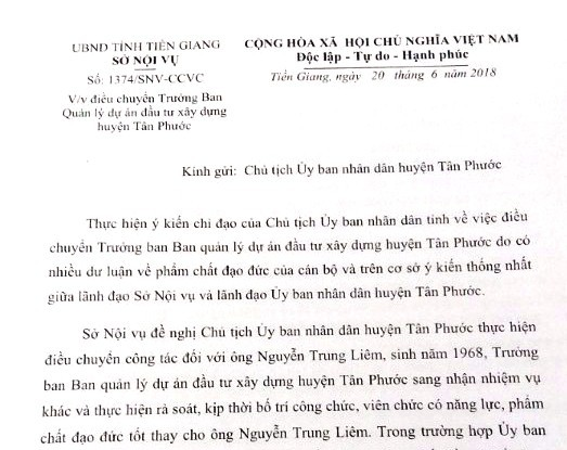 Vi phạm đạo đức, một trưởng ban bị điều chuyển