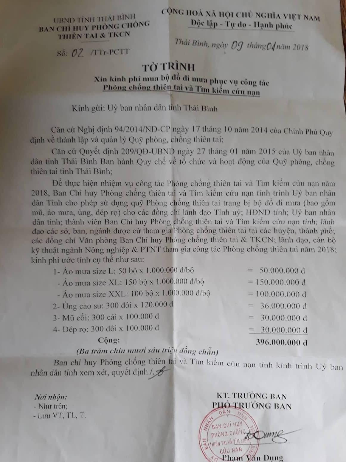 Cơ quan phòng chống thiên tai đề xuất mua áo mưa 1 triệu đồng/bộ cho lãnh đạo tỉnh