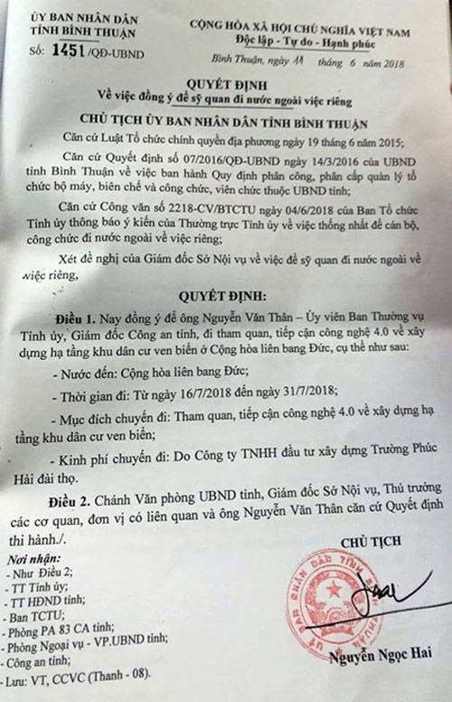 Bình Thuận: Ngưng chuyến đi Đức bằng tài trợ