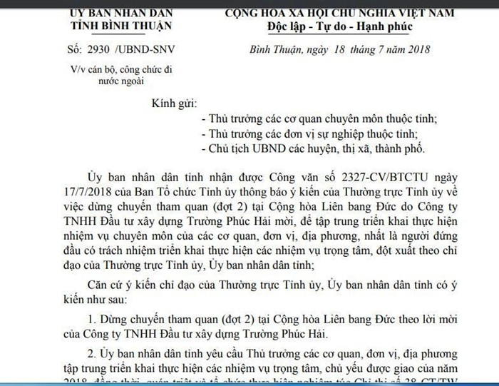 Tỉnh Bình Thuận dừng đi Đức (đợt 2) của cán bộ từ tiền doanh nghiệp