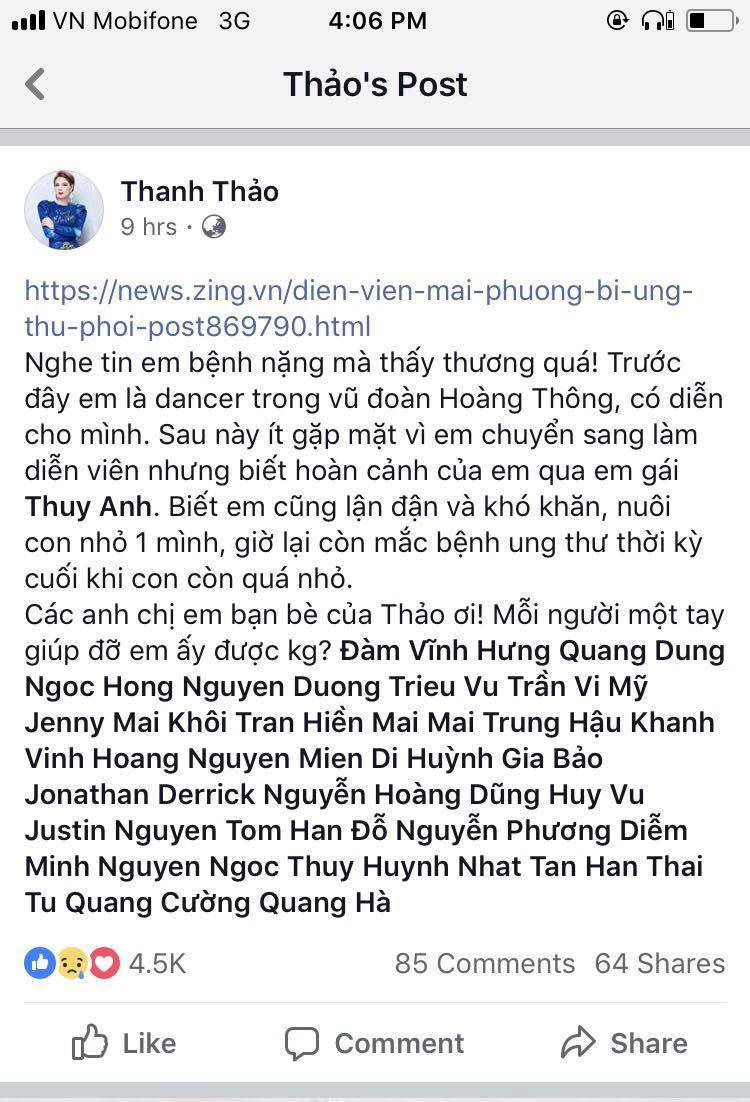 Nghệ sĩ x&oacute;t xa, k&ecirc;u gọi gi&uacute;p diễn vi&ecirc;n Mai Phương - Ảnh 1.