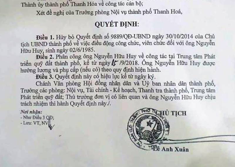 Thanh Hóa: 4 phó phòng mất chức do được bổ nhiệm sai quy định