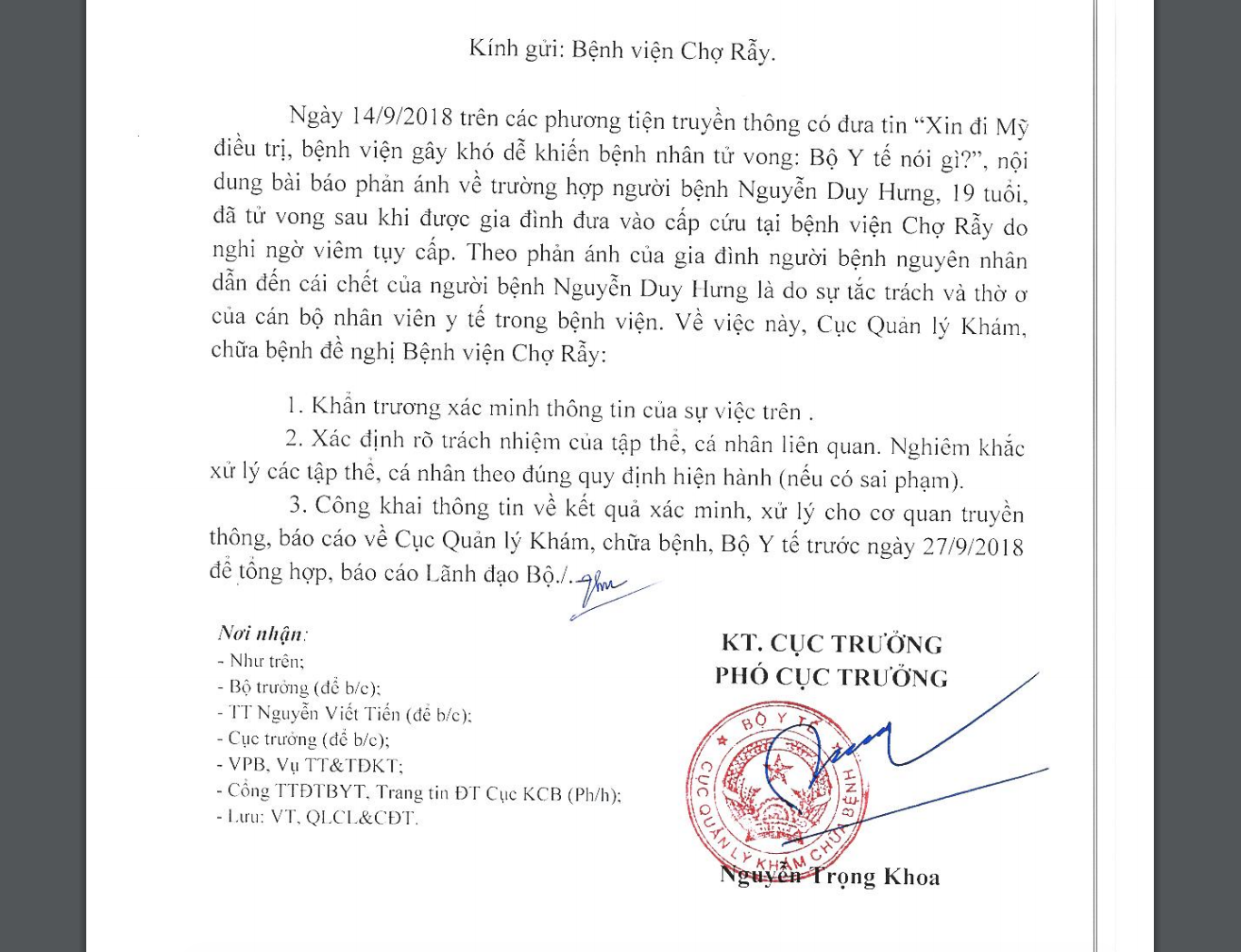 Bộ Y tế v&agrave;o cuộc vụ &ldquo;xin đi Mỹ điều trị, BV Chợ Rẫy g&acirc;y kh&oacute; dễ khiến bệnh nh&acirc;n tử vong&rdquo; - Ảnh 1.