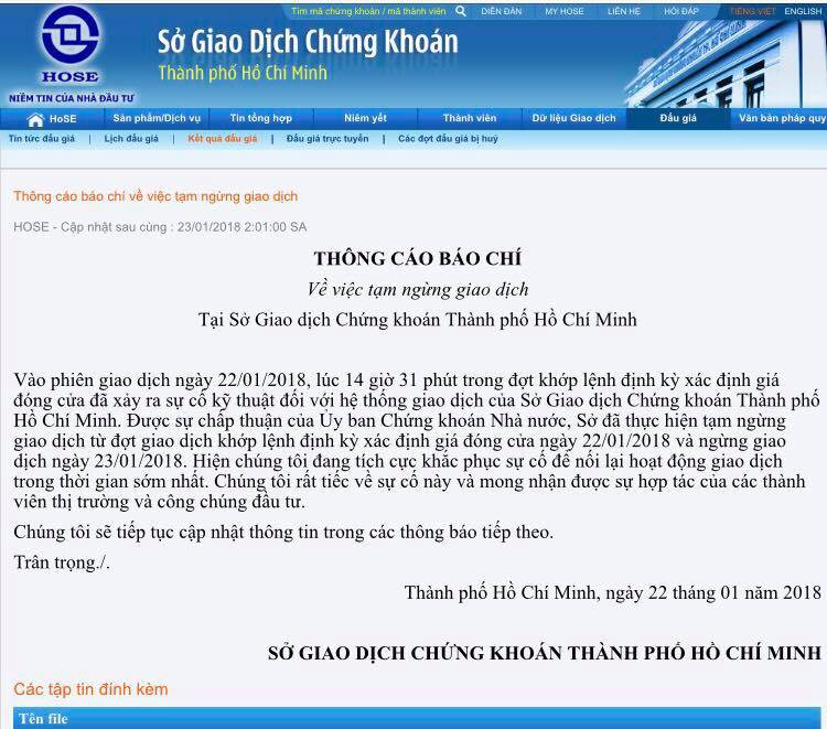 TP HCM: Chứng khoán tạm ngừng giao dịch ngày 23-1 do lỗi hệ thống