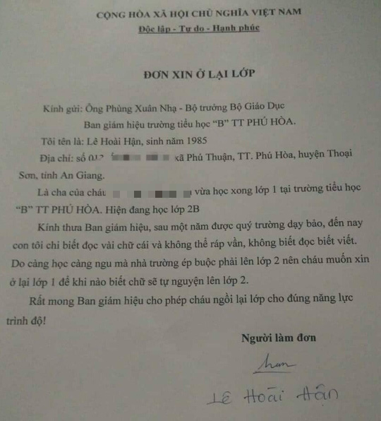 Đơn xin ở lại lớp gửi Bộ trưởng Bộ GD-ĐT l&agrave; giả mạo - Ảnh 1.
