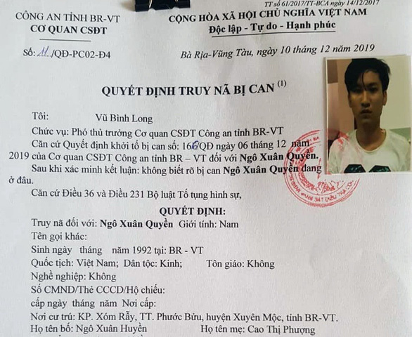 Con trai Phó trưởng Công an huyện Xuyên Mộc gây án rồi bỏ trốn