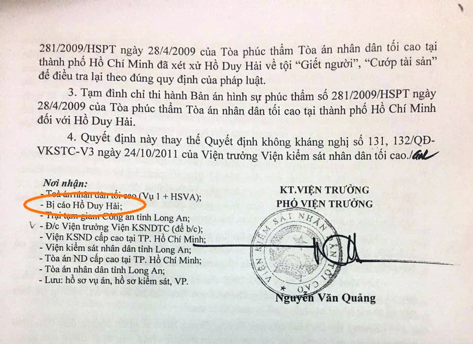 Tử tù Hồ Duy Hải chưa nhận được kháng nghị của VKSND Tối cao?