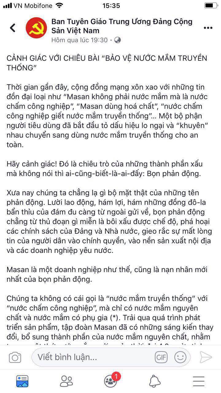 Đề nghị xử l&yacute; nghi&ecirc;m fanpage giả mạo Ban Tuy&ecirc;n gi&aacute;o Trung ương tung tin thất thiệt về nước mắm - Ảnh 1.
