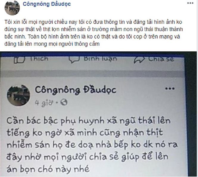 Triệu tập thanh niên tung tin thịt lợn nhiễm sán ở trường mầm non sai sự thật