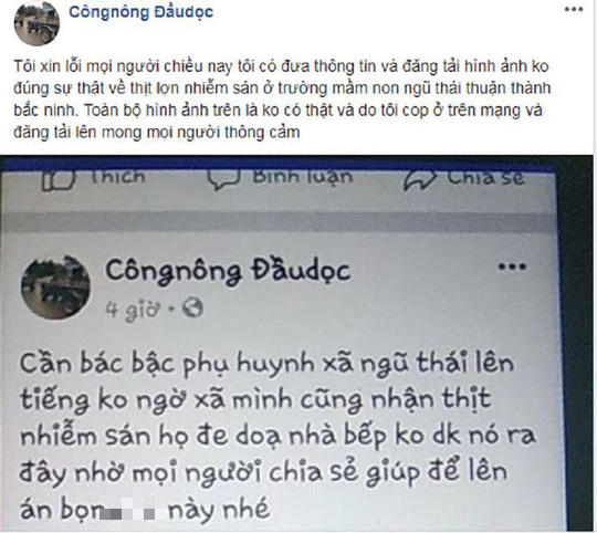 Tạm giữ thanh niên tung tin thịt lợn nhiễm sán ở trường mầm non sai sự thật