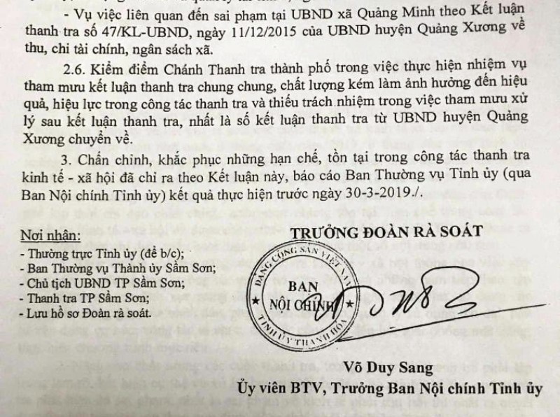 Ph&aacute;t hiện nhiều sai phạm nhưng kết luận chung chung, Ch&aacute;nh thanh tra TP Sầm Sơn bị kiểm điểm - Ảnh 1.