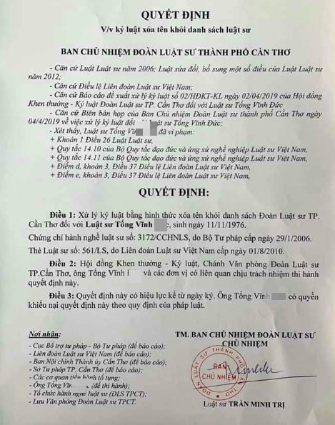1 luật sư ở Cần Thơ bị xóa tên do vi phạm điều "cấm"