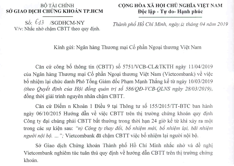 Vietcombank bị nhắc nhở v&igrave; chậm c&ocirc;ng bố bổ nhiệm l&atilde;nh đạo - Ảnh 1.