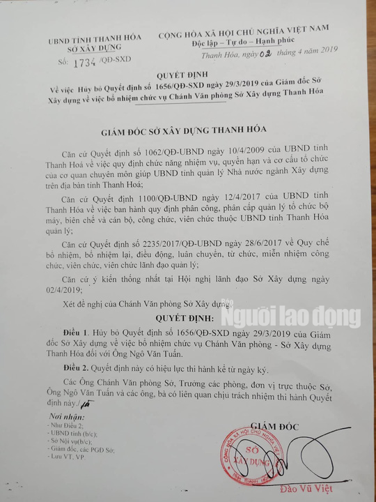 Hủy quyết định bổ nhiệm &ocirc;ng Ng&ocirc; Văn Tuấn l&agrave;m ch&aacute;nh Văn ph&ograve;ng Sở X&acirc;y dựng Thanh H&oacute;a - Ảnh 1.