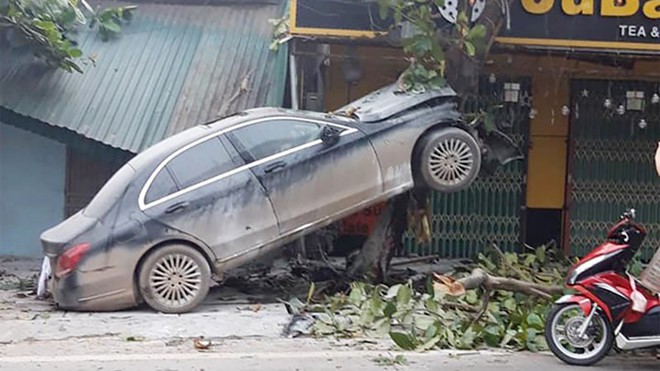 Xế hộp Mercedes bất ngờ "leo" lên cây bàng, tài xế bị thương