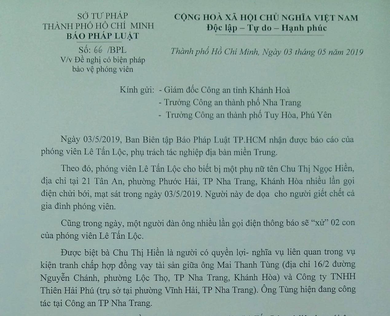 Một phóng viên Báo Pháp Luật TP HCM bị dọa “thanh toán cả gia đình”