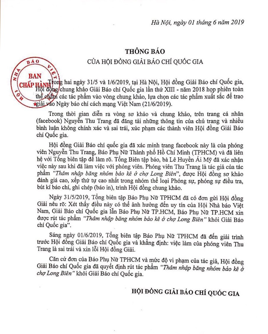 Rút khỏi Giải Báo chí Quốc gia tác phẩm Thâm nhập băng nhóm bảo kê ở chợ Long Biên - Ảnh 1.